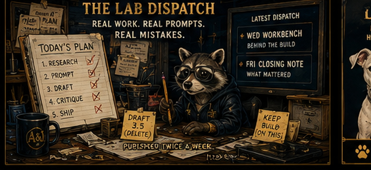 Illustrated Lab dispatch desk: today's plan, research, prompt, critique, ship.