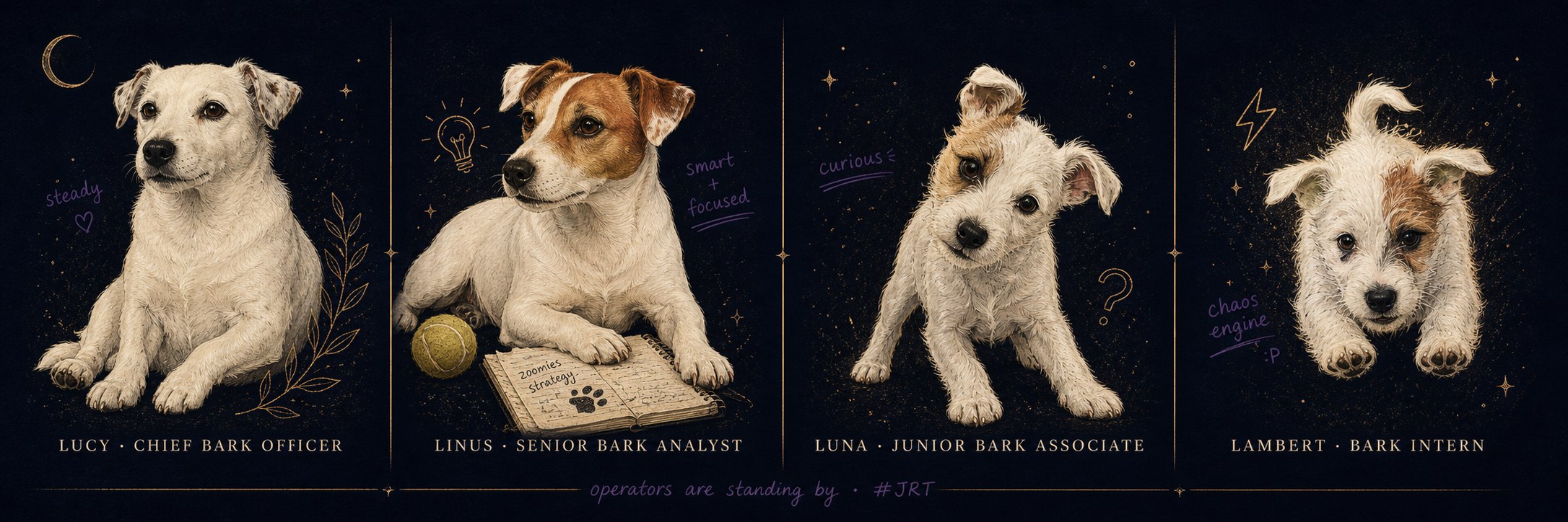 The A&I Operators Division — Lucy, Chief Bark Officer; Linus, Senior Bark Analyst; Luna, Junior Bark Associate; Lambert, Bark Intern. Editorial illustrated portraits with hand-lettered annotations: steady, smart + focused, curious, chaos engine.