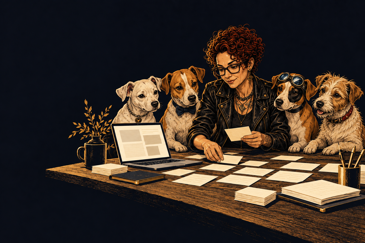 Illustration of Lisa sorting project cards with Lucy, Linus, Luna and Lambert