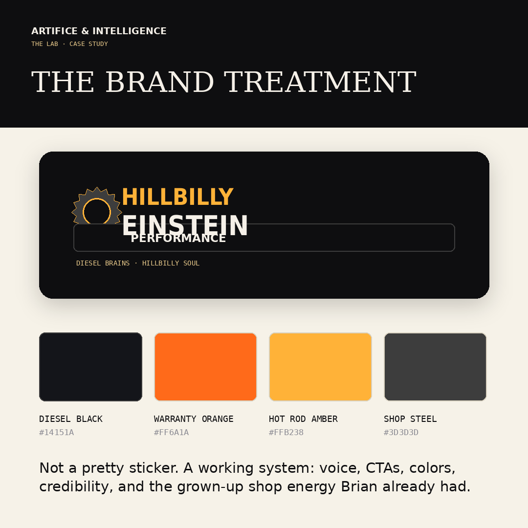 The Hillbilly Einstein Performance brand treatment: wordmark, tagline, and color palette.