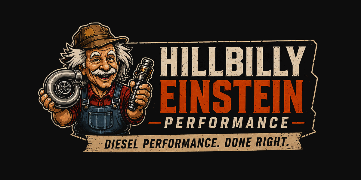 Hillbilly Einstein Performance logo: an Einstein-style mechanic holding a turbo and an injector, with the tagline Diesel performance. Done right.