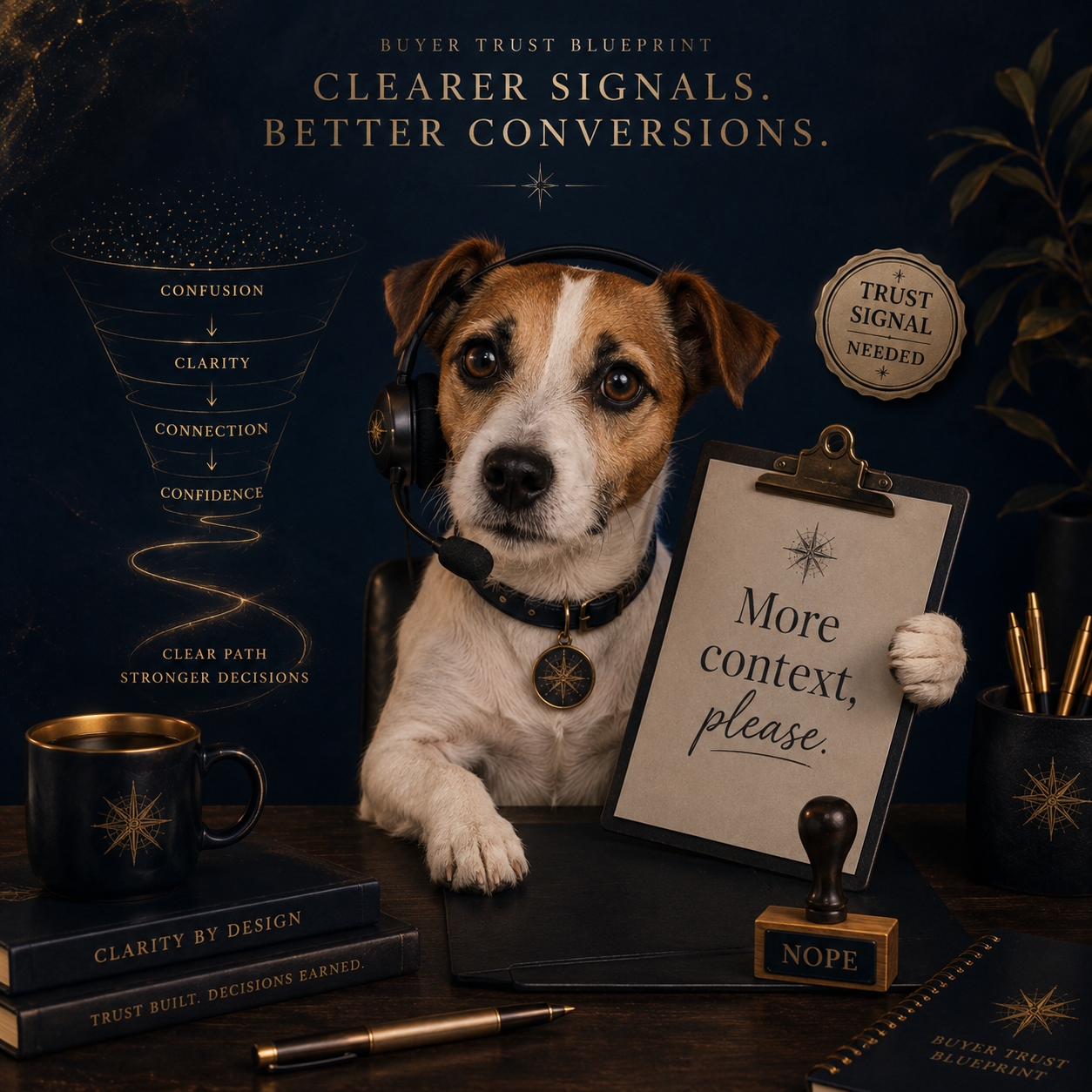 A small dog operator wearing a headset, holding a clipboard that reads "More context, please." Beside him: a NOPE stamp, a Trust Signal Needed seal, and a confusion-to-confidence funnel diagram.