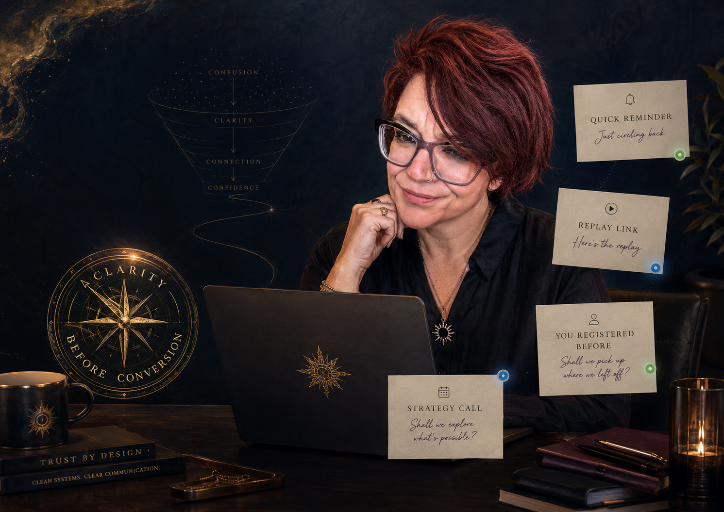 Lisa at a dark editorial desk surrounded by floating sticky notes labeled Strategy Call, Replay Link, You Registered Before, and Quick Reminder — the connective tissue of a webinar funnel — with the Clarity Before Conversion seal in the foreground.