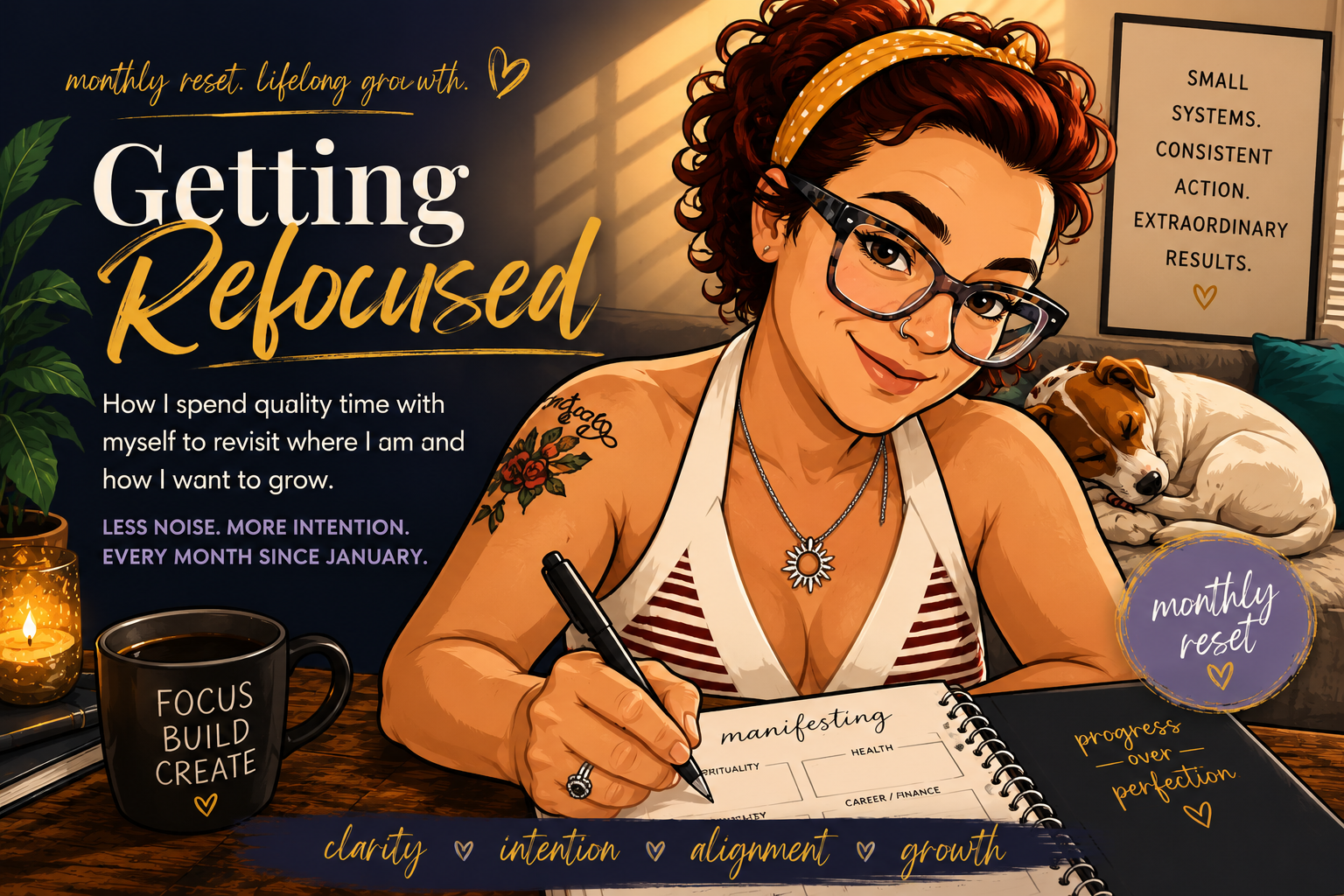 Illustration of Lisa at her desk with a journal open to a 'manifesting' page, a coffee mug reading Focus Build Create, and a dog sleeping beside her. Text reads: Getting Refocused — monthly reset, lifelong growth.