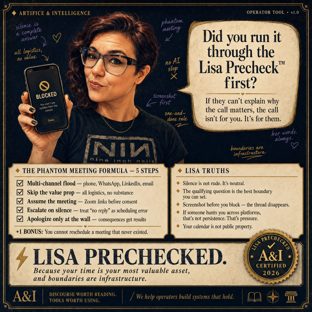 Lisa Precheck™ Ninfographic — The Phantom Meeting Formula. The five-step offshore BD playbook annotated with timeline screenshots.