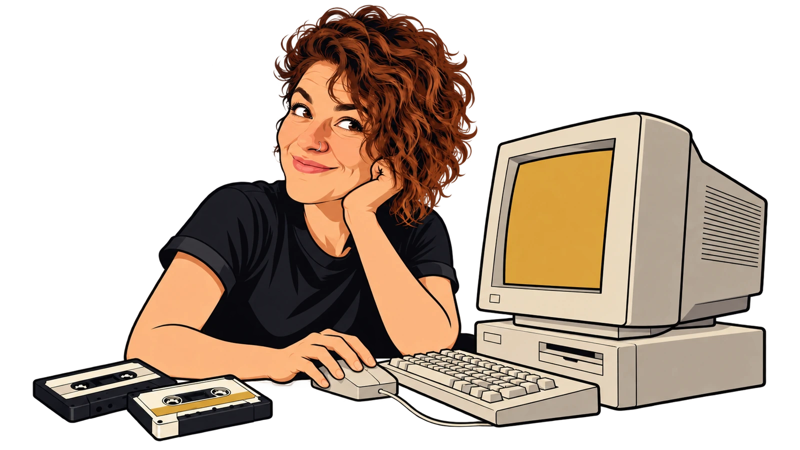 An imagined younger Lisa working at a 1990s computer with cassette tapes.