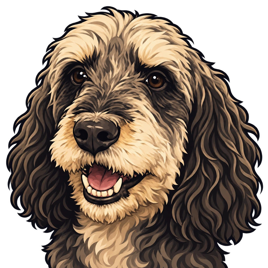Sam's Lucy, a dark shaggy dog with a cream muzzle, smiling.