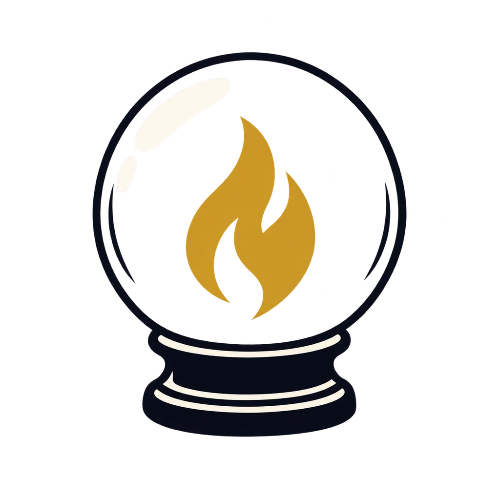 A crystal ball containing a gold flame.