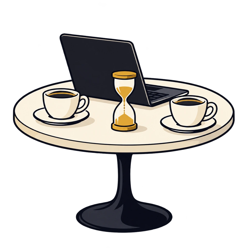 Two cups, a laptop, and a gold hourglass on a small table.